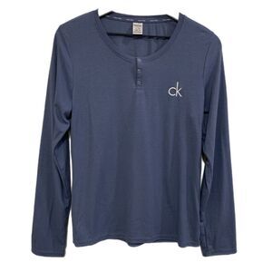 CALVIN KLEIN Sleepwear Top Women’s Medium Blue Ribbed Henley Polyester Blend.